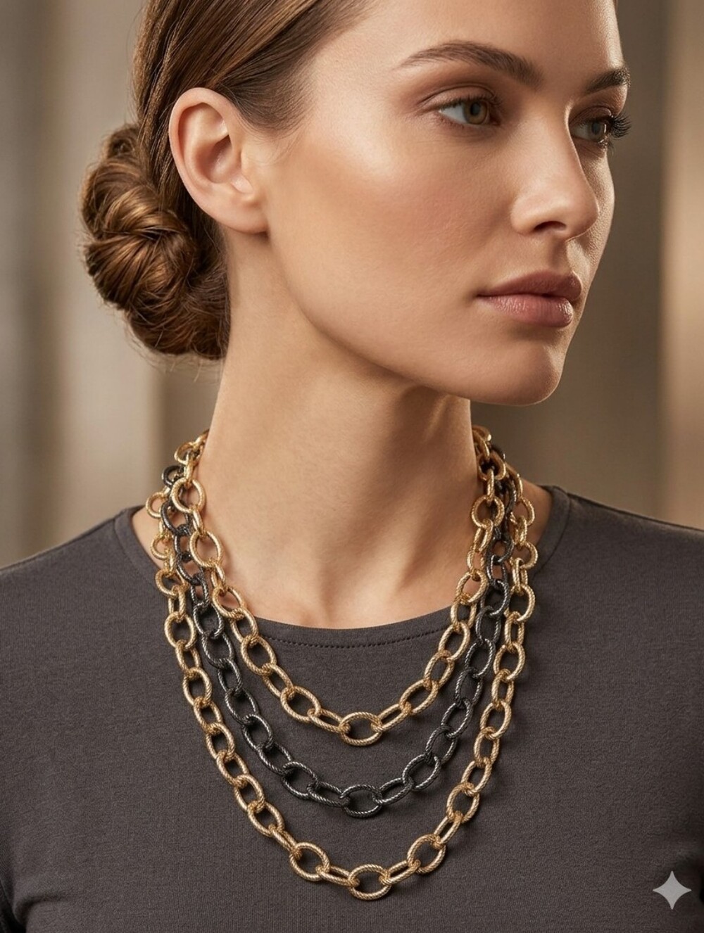 Triple Strand Mixed Black & Gold Tone Draped Statement Necklace